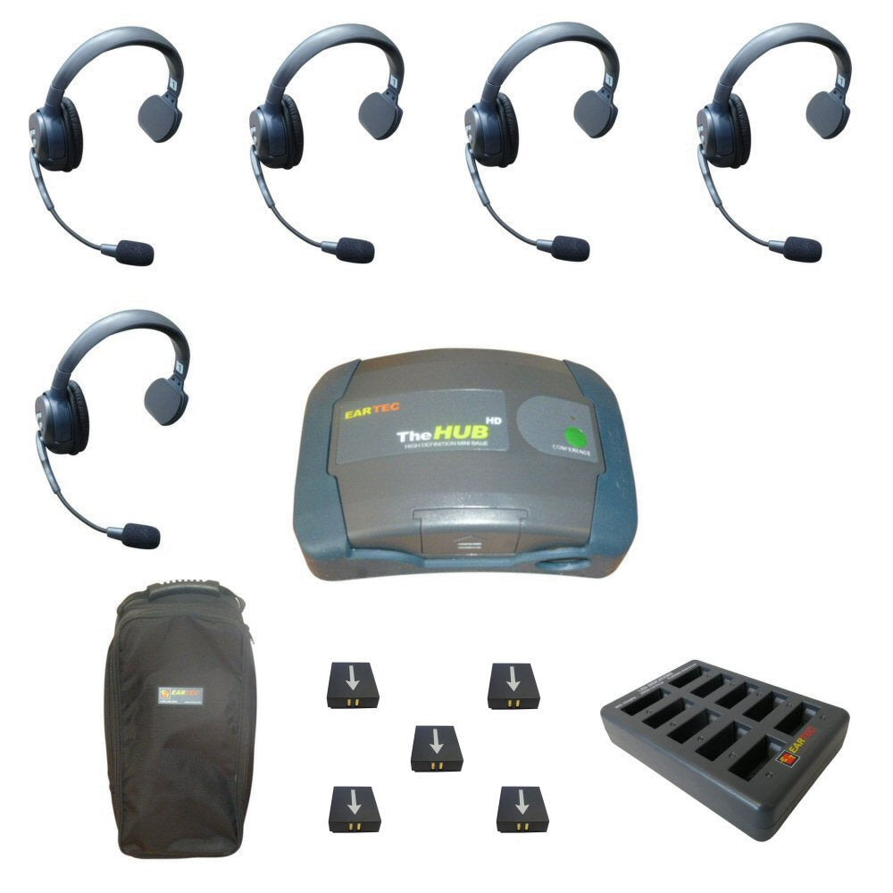 Eartec UltraLITE HD wireless intercom wireless comms five users SKU HUB5S with headsets, hub carry bag, charger and batteries